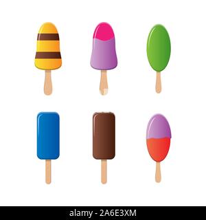 Set of ice cream briquettes on a stick of different color and different color shape. Flat design Stock Vector