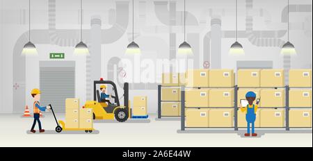 Warehouse in process with workers working flat design vector illustration Stock Vector