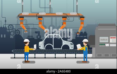 Automation automobile factory concept with robot assembly line in car factory vector illustration Stock Vector
