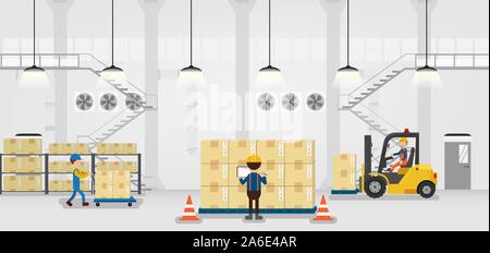 Warehouse in process with workers working flat design vector illustration Stock Vector