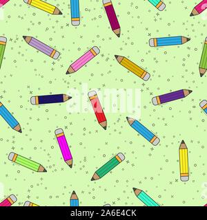 Seamless pattern with stationery pencils. Modern random colors. Ideal for textiles, packaging, paper printing, simple backgrounds and textures. Stock Vector