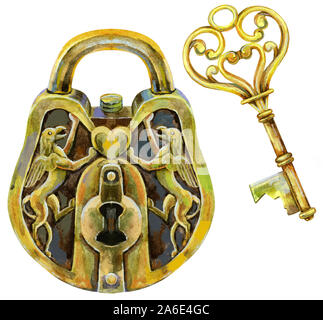 Watercolor vintage golden lock isolated on white background Stock Photo ...