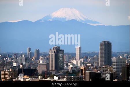 Mount Fuji seen across Tokyo city before the 2019 Rugby World Cup Semi Final match at International Stadium Yokohama. Stock Photo