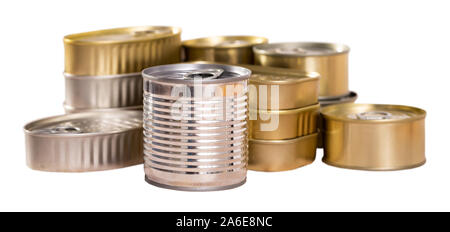 Unlabeled golden and silver tin cans. Isolated over white background Stock Photo