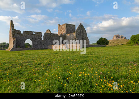 A panoramic view of Hore Abbey and Rock of Cashel in Cashel, Co. Tipperary, Republic of Ireland. Stock Photo