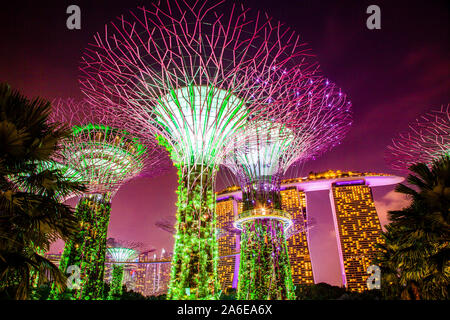 SINGAPORE, SINGAPORE - MARCH 2019: Supertrees illuminated for light show in gardens by the bay Stock Photo