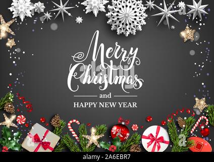 Festive black board with Christmas decorations and balls, stars, gift boxes, fir tree branches. Winter holiday template with Merry Christmas lettering Stock Vector