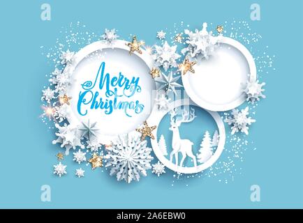 Winter Christmas frame for greeting text. Snowflakes, stars and deer on blue holiday background. Realistic paper cut concept. Stock Vector