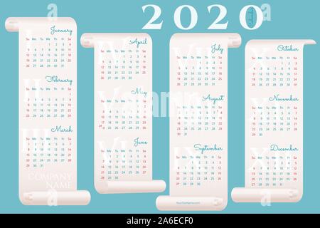 Creative 2020 wall calendar on four parchments. Week starts on Sunday. Blue background.  Vector editable template 10 EPS for poster, print, web Stock Vector