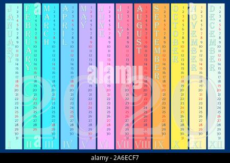 Rainbow wall calendar 2020 with vertical months and Roman numerals. Vector 10 EPS for web, print, banner Stock Vector
