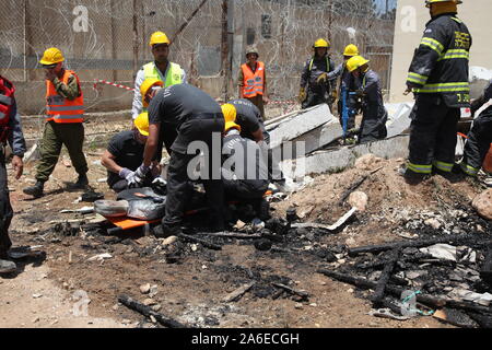 prison guards rescue rocket attack casualties in Carmel Prison, Israel, during simulation drill Turning Point 15. Emergency forces practice rescue and first aid Stock Photo