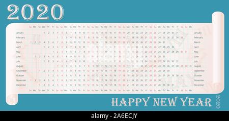 2020 wall calendar template on parchment. 12 months line by line. Sunday and Satadays is highlighted red. Blue background. Vector editable template 10 Stock Vector