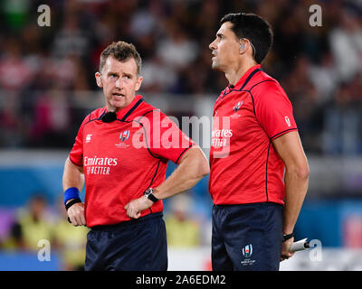 Referee Nigel Owens (left) with assistant Pascal Gauzere during the 2019 Rugby World Cup Semi Final match at International Stadium Yokohama. Stock Photo