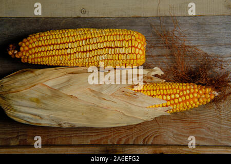 Still life of some corn cobs on old wooden background Stock Photo