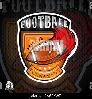 American football ball with red fire trail in center of shield. Sport logo for any team Stock Vector