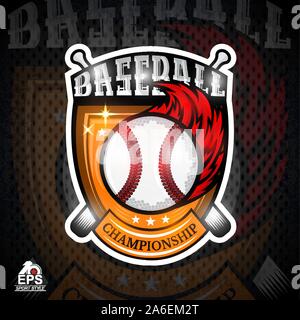 Baseball ball with red fire trail in center of shield. S Stock Vector