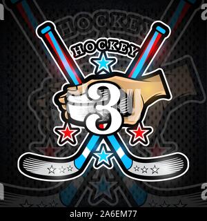 Hand hold hockey puck with crosses hockey stick and number three on front. Sport logo for any team or championship Stock Vector