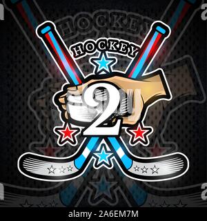 Hand hold hockey puck with crosses hockey stick and number two on front. Sport logo for any team or championship Stock Vector
