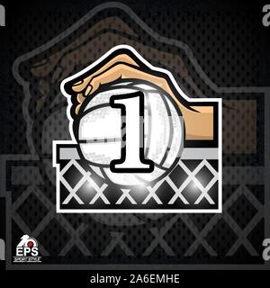 Hand hold volleyball above net with number one or first place. Sport logo for any team or competition Stock Vector