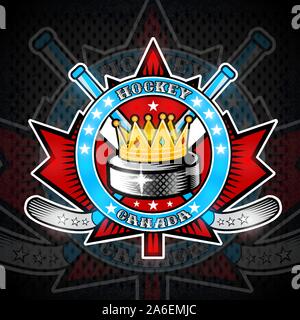 Hockey puck with crown and crosses hockey sticks on red maple leaf. Sport logo for any canadian team or championship Stock Vector