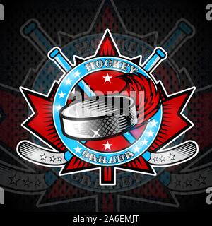 Hockey puck with fire trail and crosses hockey sticks on red maple leaf. Sport logo for any canadian team or championship Stock Vector