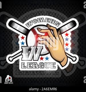 Lady hand hold baseball ball with letter W and cross bat. Sport logo for any woman team or competition Stock Vector
