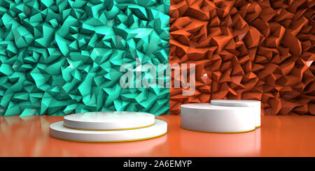 Scene with geometrical forms, white round platform, minimal orange and green background for commercial advertising, Abstract wall forms, pastel platfo Stock Photo