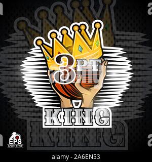 Two hands hold basketball ball with golden crown and three-point. Vector sport logo for competition Stock Vector
