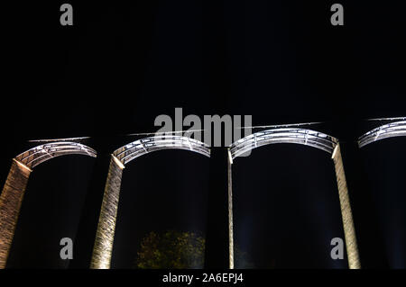 Pontcysyllte Aqueduct illuminated with colourful lights Stock Photo