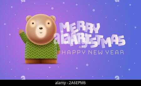Little cute bear and Christmas, New Year greeting. Vector character illustration. Elements are layered separately in vector file. Stock Vector