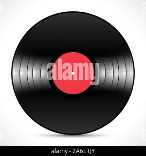Vinyl music disc LP standard 12 inch for 33 rpm with red label and shiny grooves Stock Vector