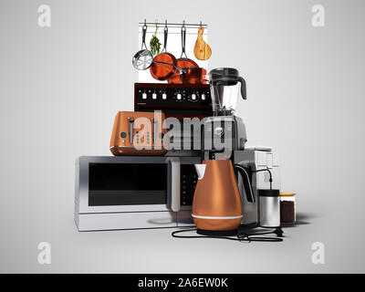 concept group kitchen electrical appliances microwave coffee machine blender electric cooker with electric oven 3d render on gray background with shad Stock Photo