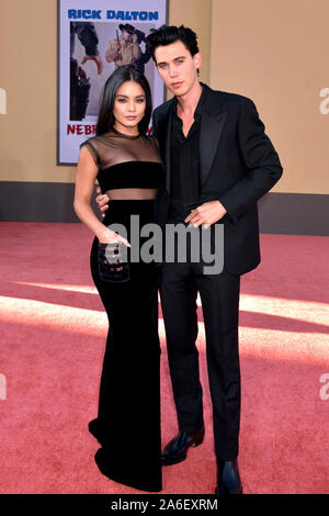 HOLLYWOOD, CALIFORNIA - JULY 22: Vanessa Hudgens and Austin Butler attend the Sony Pictures' 'Once Upon A Time...In Hollywood' Los Angeles Premiere on Stock Photo