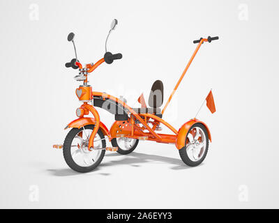 Orange kids bike with telescopic handle holder 3d render on gray background with shadow Stock Photo