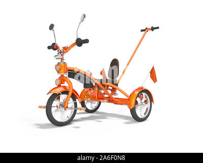 Orange kids bike with telescopic handle holder 3d render on white background with shadow Stock Photo