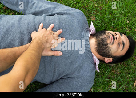 First Aid Emergency CPR rcp on Heart Attack Man , Resuscitation cardiopulmonary Stock Photo