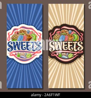 Vector banners for Sweets, leaflets with pile of cartoon gourmet baked goods, original brush typeface for word sweets, wrapped candies and colorful bo Stock Vector
