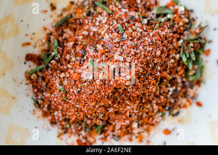 Organic Red Spicy Korean Gochugaru Spice with Thyme and Sea Salt. Organic Product. Stock Photo