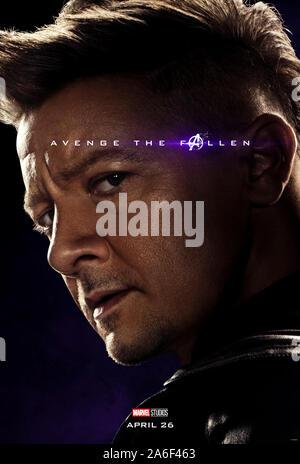 Character advance poster for Avengers: Endgame (2019) directed  by Anthony and Joe Russo starring Jeremy Renner as Clint Barton / Hawkeye. The epic conclusion and 22nd film in the Marvel Cinematic Universe. Stock Photo