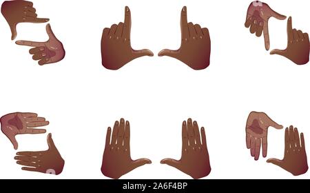 Framing African hands template, cinema frame cropping for design. Focus hand gesture. Space imagination. Teamwork concept. Photo borders set. Camera viewfinder. Various combination of perspective view Stock Vector