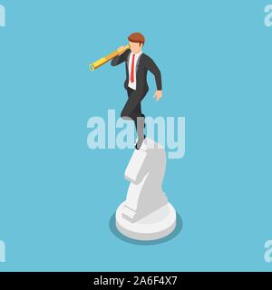 Flat 3d isometric businessman looking through telescope on horse chess. Business vision and strategy concept. Stock Vector
