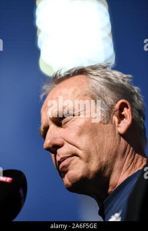 26 October 2019, Baden-Wuerttemberg, Freiburg: Soccer: Bundesliga, SC Freiburg - RB Leipzig, 9th matchday in the Schwarzwaldstadion. Coach Christian Streich from Freiburg gives an interview. Photo: Patrick Seeger/dpa - IMPORTANT NOTE: In accordance with the requirements of the DFL Deutsche Fußball Liga or the DFB Deutscher Fußball-Bund, it is prohibited to use or have used photographs taken in the stadium and/or the match in the form of sequence images and/or video-like photo sequences. Stock Photo