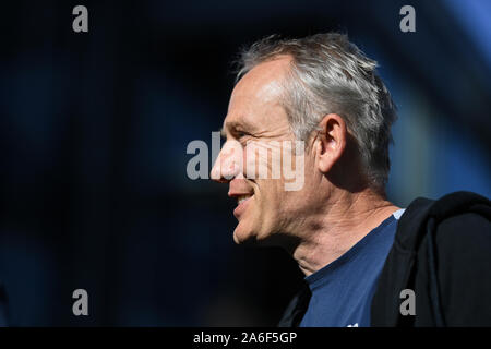 26 October 2019, Baden-Wuerttemberg, Freiburg: Soccer: Bundesliga, SC Freiburg - RB Leipzig, 9th matchday in the Schwarzwaldstadion. Coach Christian Streich from Freiburg gives an interview. Photo: Patrick Seeger/dpa - IMPORTANT NOTE: In accordance with the requirements of the DFL Deutsche Fußball Liga or the DFB Deutscher Fußball-Bund, it is prohibited to use or have used photographs taken in the stadium and/or the match in the form of sequence images and/or video-like photo sequences. Stock Photo