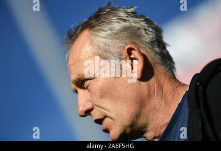 26 October 2019, Baden-Wuerttemberg, Freiburg: Soccer: Bundesliga, SC Freiburg - RB Leipzig, 9th matchday in the Schwarzwaldstadion. Coach Christian Streich from Freiburg gives an interview. Photo: Patrick Seeger/dpa - IMPORTANT NOTE: In accordance with the requirements of the DFL Deutsche Fußball Liga or the DFB Deutscher Fußball-Bund, it is prohibited to use or have used photographs taken in the stadium and/or the match in the form of sequence images and/or video-like photo sequences. Stock Photo