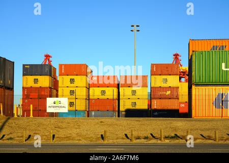 FREMANTLE, AUSTRALIA -3 JUL 2019- View of stacks of shipping containers in the Port of Fremantle near Perth in Western Australia. Stock Photo