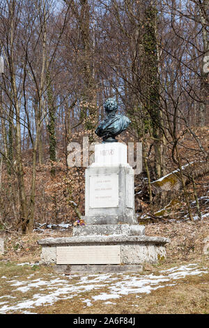 A statue to the classical composer Wolfgang Amadeus Mozart located on Kapuzinerberg, a hill in Salzburg, Austria. Mozart was born in Salzburg in 1756. Stock Photo