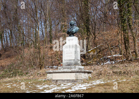 A statue to the classical composer Wolfgang Amadeus Mozart located on Kapuzinerberg, a hill in Salzburg, Austria. Mozart was born in Salzburg in 1756. Stock Photo