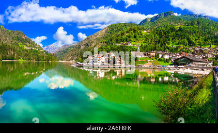 Idyllic scenery of beautiful lake Lago di Allghe in Northern Italy, Dolomite mountains