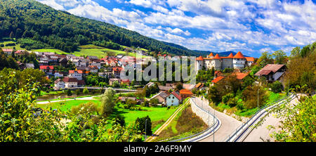 Beautiful medieval castles of Slovenia - Zuzemberk on  Krka river Stock Photo