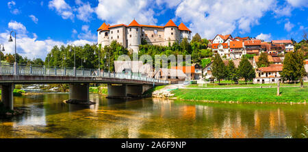 Beautiful medieval castles of Slovenia - Zuzemberk on  Krka river Stock Photo